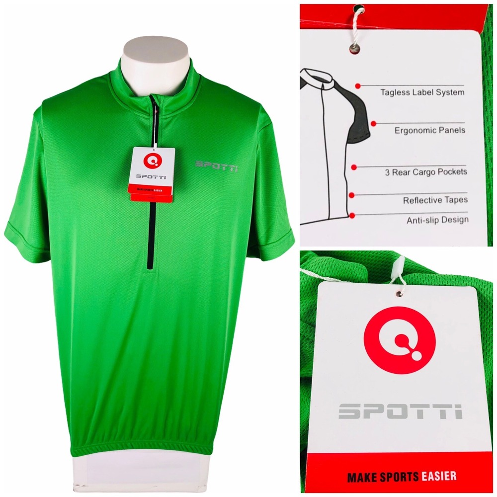 Spotti Mens 2XL Cycling Jersey Green 3 Rear Cargo Pocket Half Zip Polyester NWT